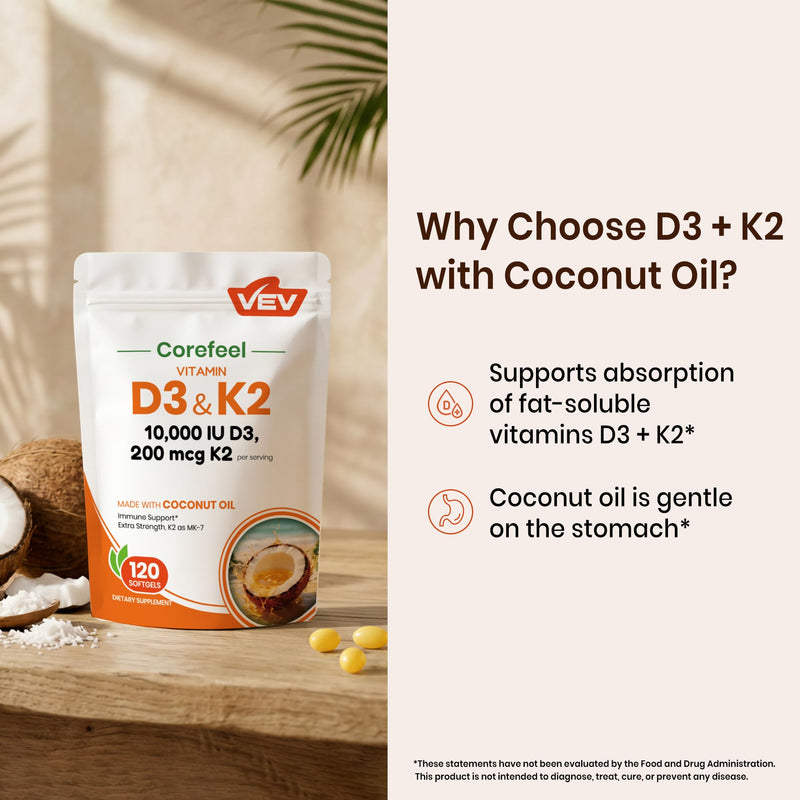 VEV Corefeel Vitamin D3 K2 10,000 IU, 200 mcg K2, 120 Coconut Oil Softgels | K2 as MK-7, 2-in-1 Vitamins D & K, Easy to Swallow