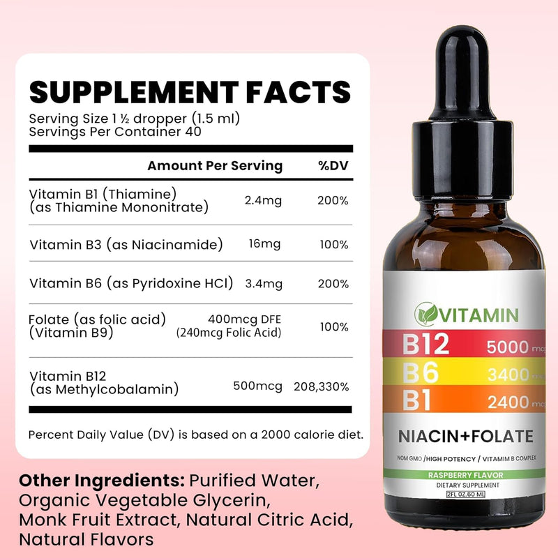 Vitamin B12 and B6 Liquid Drops, Raspberry | B12 Vitamin 5000mcg - B12 Methylcobalamin for Energy, Brain, and Heart Support with, 80 Servings