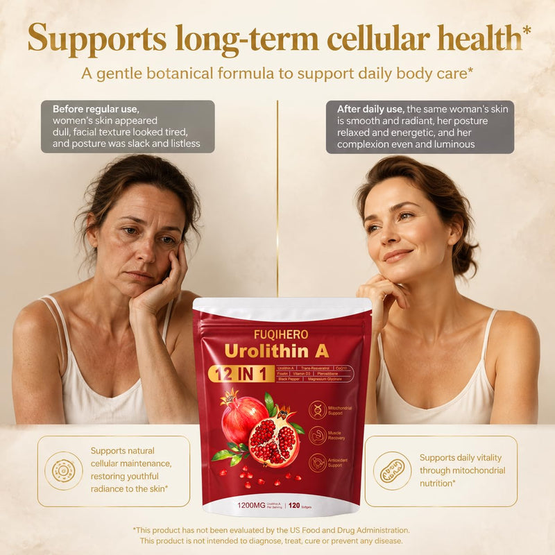 12-in-1 Urolithin A Supplement with Ubiquinol Natural Antioxidant, 120 CT | with Trans-Resveratrol, Fisetin, Daily Cellular Wellness & Mitochondrial Support,Reduce Muscle Loss,2-Month Supply 1 Count (Pack of 120)