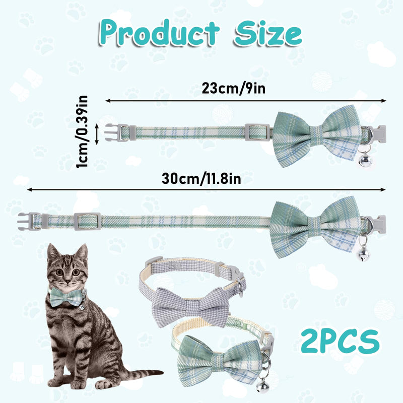 2PCS Cat Bow Tie Collar with Bell, Cat Collar Breakaway Washable Cute Elegant Plaid Pet Bow Tie for Cat Dog, Adjustable from 9-11.8 Inch(Gray, Light Green) - BeesActive Australia