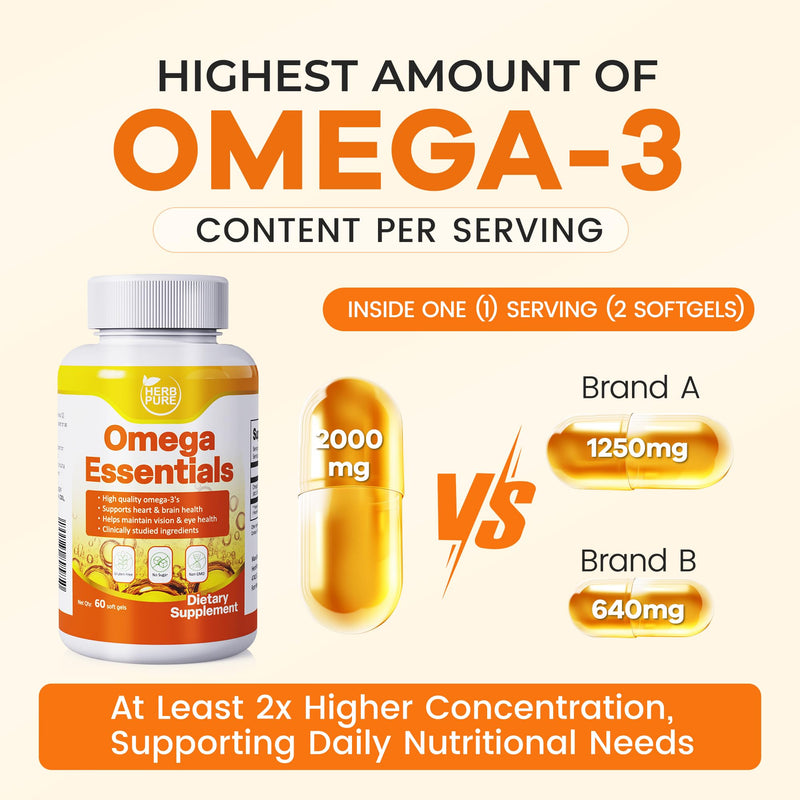 Omega-3 Fish Oil – 2000mg Softgels 180 softgels (3 Packs) | with 600mg EPA, 400mg DHA Fatty Acids, High Absorption & Pure Formula, Supports Heart, Brain & Vision, GMP Certified 60 Count (Pack of 3)