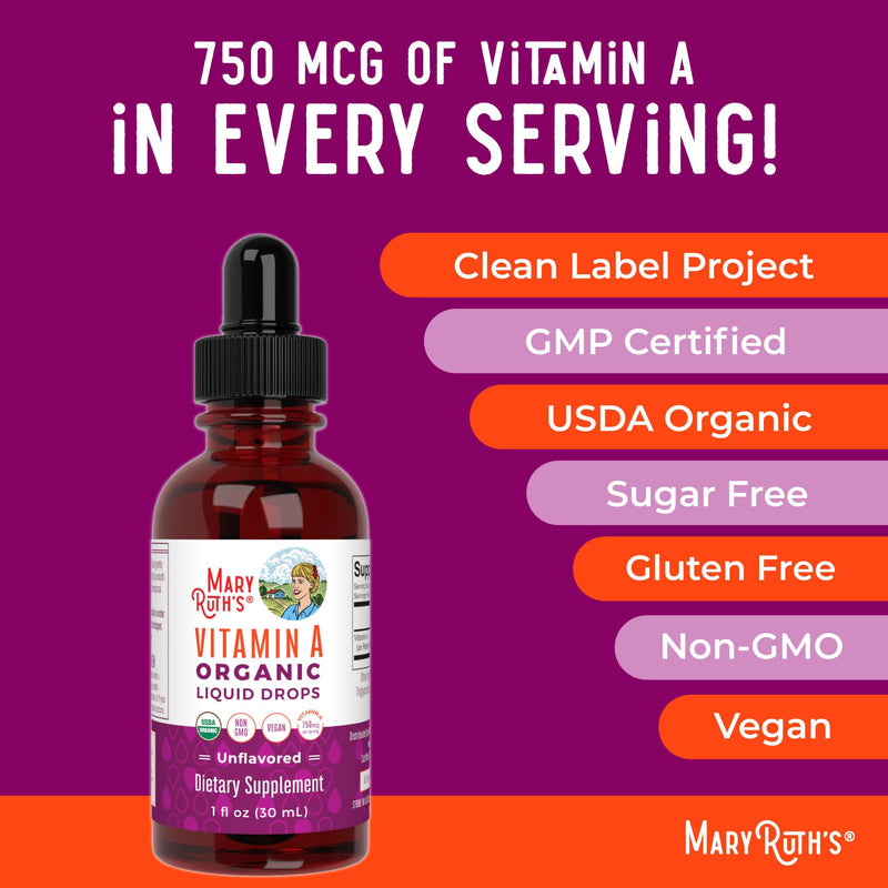 MARYRUTH'S Organics USDA Organic Vitamin A Liquid Drops, 1 oz, Sugar Free | 3 Month Supply, Bone Health for Ages 14+, 750mcg per Serving, Sugar Free, Vegan