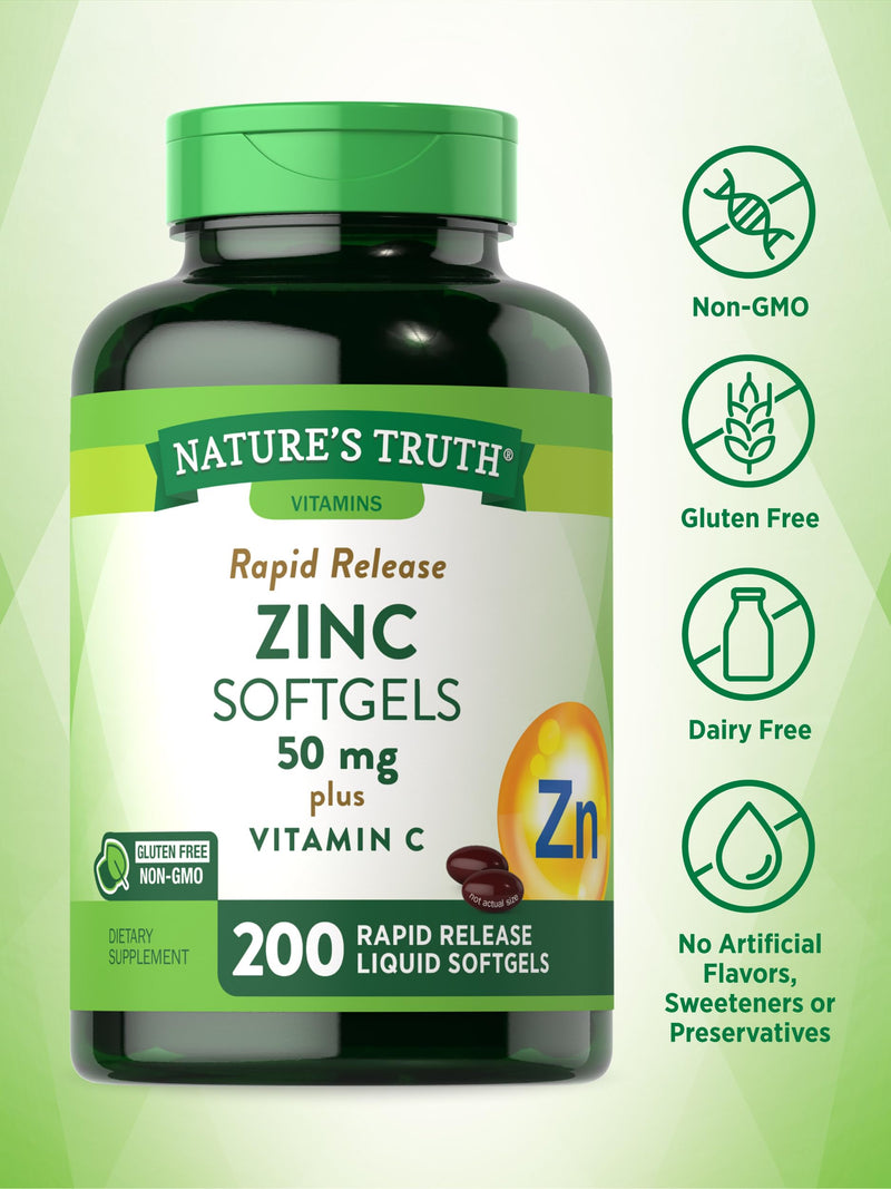 Nature's Truth Zinc 50mg with Vitamin C | 200 Liquid Softgels | Non-GMO & Gluten Free Supplement - BeesActive Australia