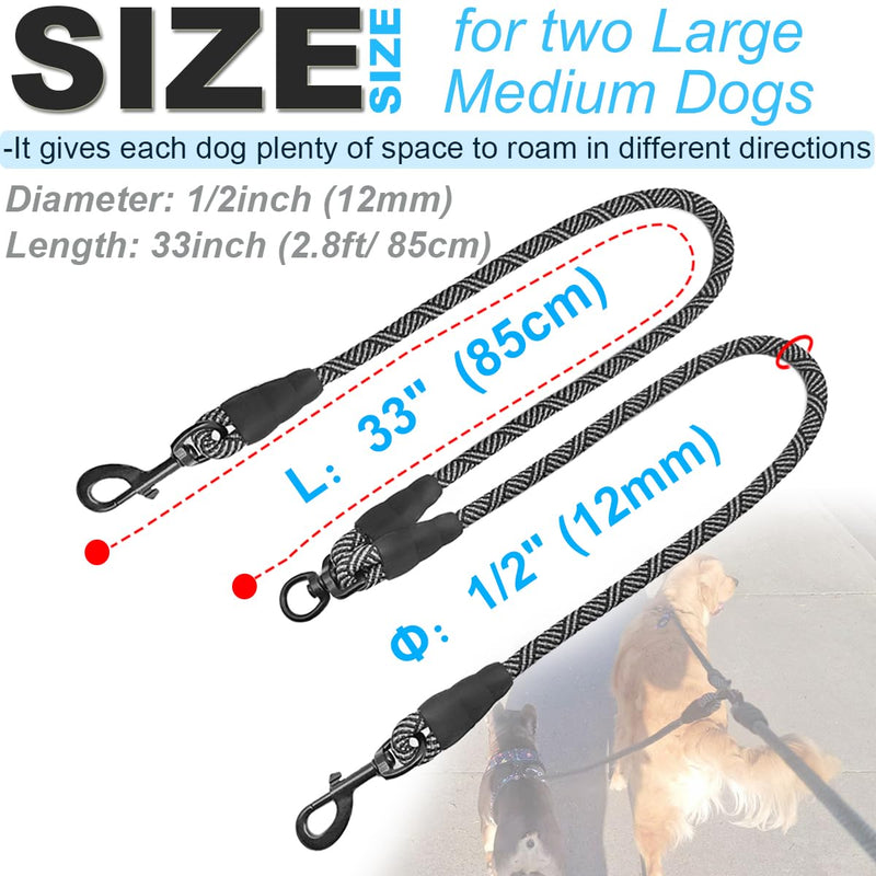 Double Dog Leash Coupler, Tandem Leash for Two Dogs, No Tangle 360° Swivel Rotation Dual Strong Dog Leash Splitter, for Large Medium Small Dogs (33 inch- Large) Black Large (1/2"D x 33"L) - BeesActive Australia