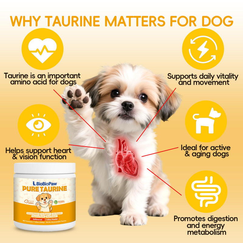 Pure Taurine for Dogs Taurine Powder Supplement for Pet Puppy 500mg Unflavored Easy-to-Mix Taurine Supplement for Doggy Supports Immune Heart Vision Skin & Coat Vitality Made in USA 200 Grams