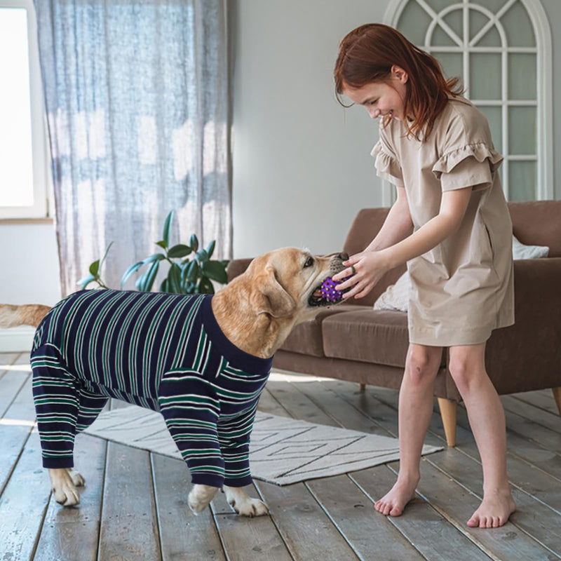 Kuoser dog bodysuit after surgery for medium-sized dogs pajamas, one-piece surgery body dog castration male, dog body suit with legs, long sleeves for dogs surgery body bitch, dog collar alternative, L L (back: 43 cm; chest: 62 cm) navy stripe - BeesActive Australia
