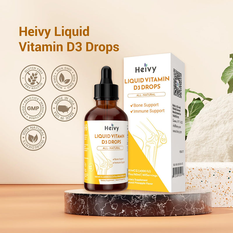 Heivy Liquid Vitamin D Drops 4000 IU (100 mcg), 2 Fl Oz (60ml) | Vitamin D3 for Bone Health Support, Pineapple Flavor Vegan VIT D3 Drops, Made in USA 2 Fl Oz (Pack of 1)