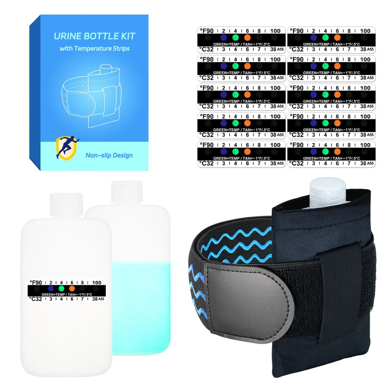 Thinner Urine Test Complete Kit - 3.5oz Translucent Empty Bottle, Non-Falling and Hi-Stretch Hidden Leg Strap, Urine Test Thermometer Sticker and Velour Lining Sample Bag, 100ml Urine Bottle Kit