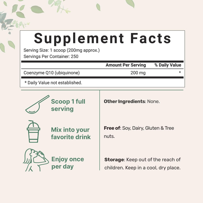 Micro Ingredients Water Soluble COQ10 Supplement (COQ10 200mg Per Serving in Powder Form), 50 Grams (8 Months Supply), Extra Absorption, Vegan Friendly