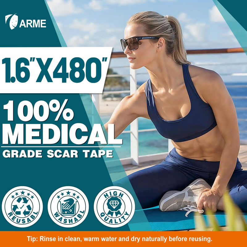 Arme Silicone Scar Tape, 1.6"x480" Silicone Scar Sheets(4 Rolls-12M) Medical Grade Scar Tape for Surgical Scars, Reusable Scar Patches, Professional Scar Removal Strips for C-Section Keloid Tummy Tuck 480" - 12M (4 Rolls)