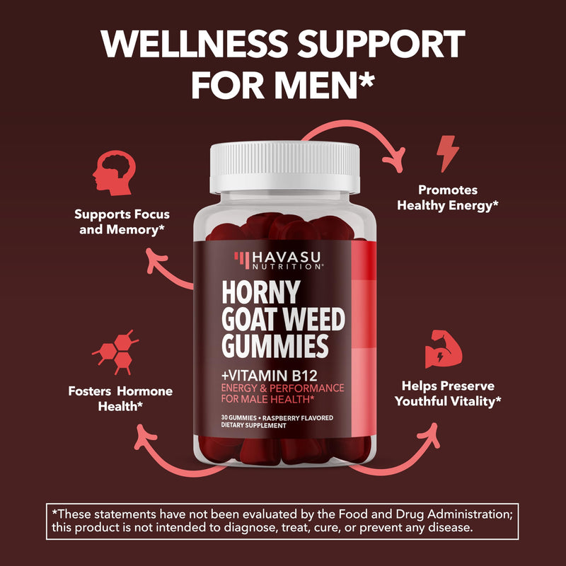 Horny Goat Weed Gummies with Vitamin B12, Raspberry Flavor, 30 Count | 30 Count, Vegetarian-Friendly, Non-GMO, Pectin-Based Gummies for Energy and Endurance Support, Raspberry Flavor, 15 Servings 30 Count (Pack of 1)