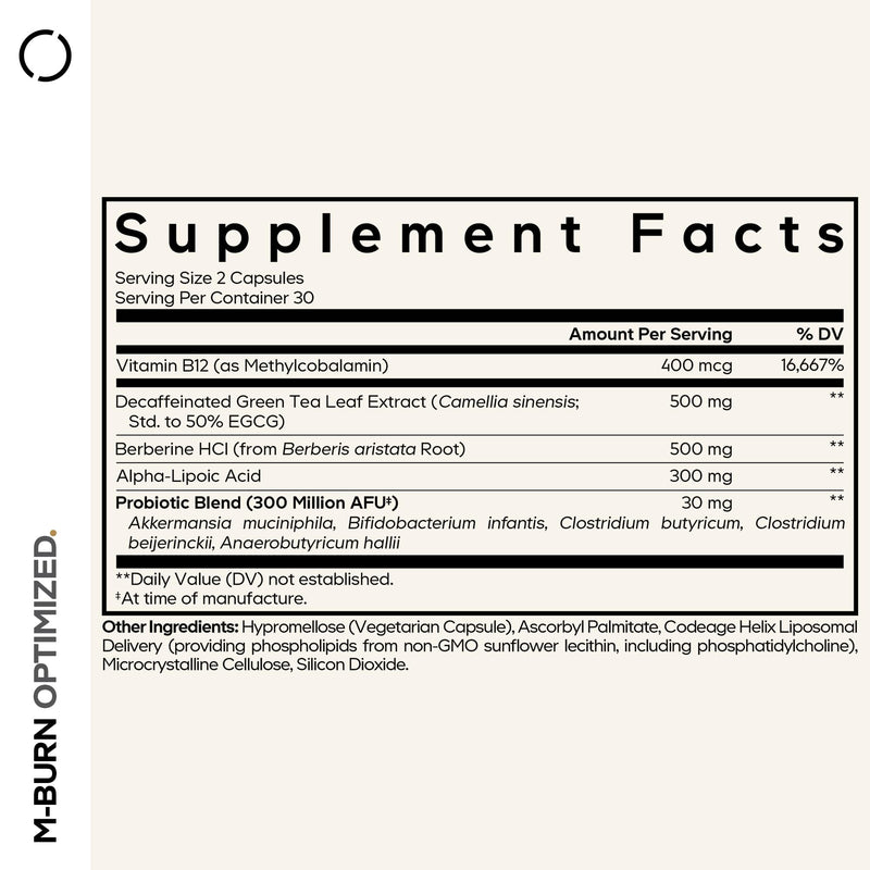 Codeage M-Burn, Berberine, Akkermansia, Green Tea EGCG, 60 Capsules | Decaffeinated green tea with berberine, alpha-lipoic acid, probiotics including akkermansia, and vitamin B12. Vegan, non-GMO.
