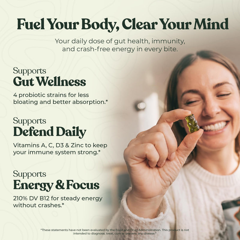 O H Optimal Human Adult Green Gummies, Superfood Greens & Probiotics, 30 Ct | Adult super greens gummies with a 4-strain paraprobiotic for daily greens, fruits & gut support, no powder needed