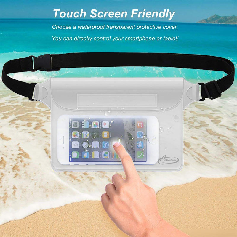 AiRunTech Waterproof Pouch with Waist Strap (2 Pack) | Beach Accessories Best Way to Keep Your Phone and Valuables Safe and Dry | Perfect for Boating Swimming Snorkeling Kayaking Beach Pool Water Park Clear + Clear