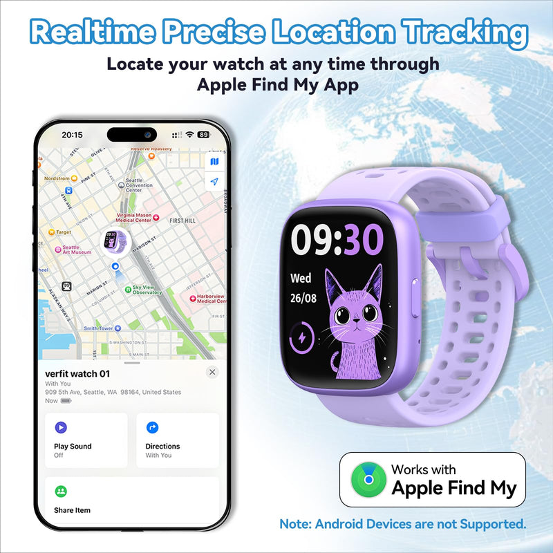 Fitness Tracker for Kids No APP No Phone Needed, Compatible with Apple Find My, 1.83" Smart Watch, Heart Rate, Sleep Monitor, IP68 Waterproof, Step Counter, Gifts for Girls Boys Teens 5-16 Lilac