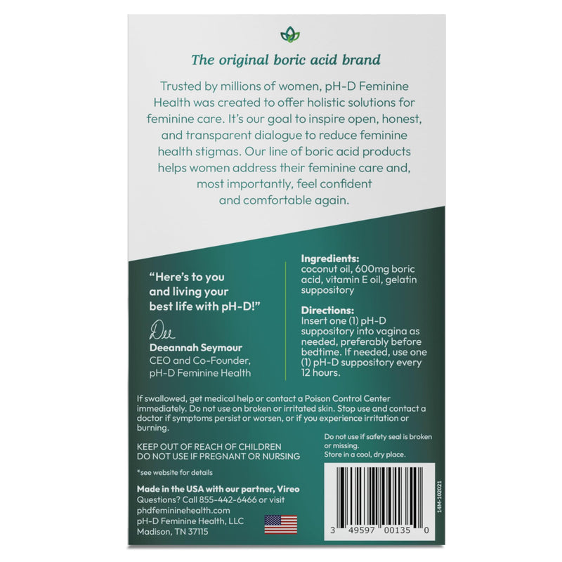 pH-D Feminine Health - Boric Acid Moisturizing Suppository - Woman Owned - for Vaginal Odor - Paraben-Free and Cruelty-Free - 14 count - BeesActive Australia