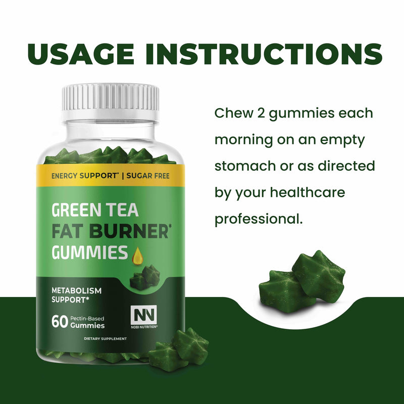 Green Tea Fat Burner Gummies for Weight Loss, Metabolism & Appetite Support | Metabolism Booster & Appetite Suppressant with Green Coffee Bean, Burn Belly Fat For Women & Men, Apple Flavor, 60 Gummies