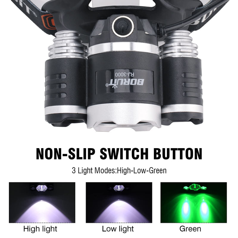 BORUIT RJ-3000 LED Rechargeable Headlamp with Green Light, Super Bright Hunting Head Lamp 3 Modes, Waterproof Head Light for Adult Fishing Camping Headlight Gear