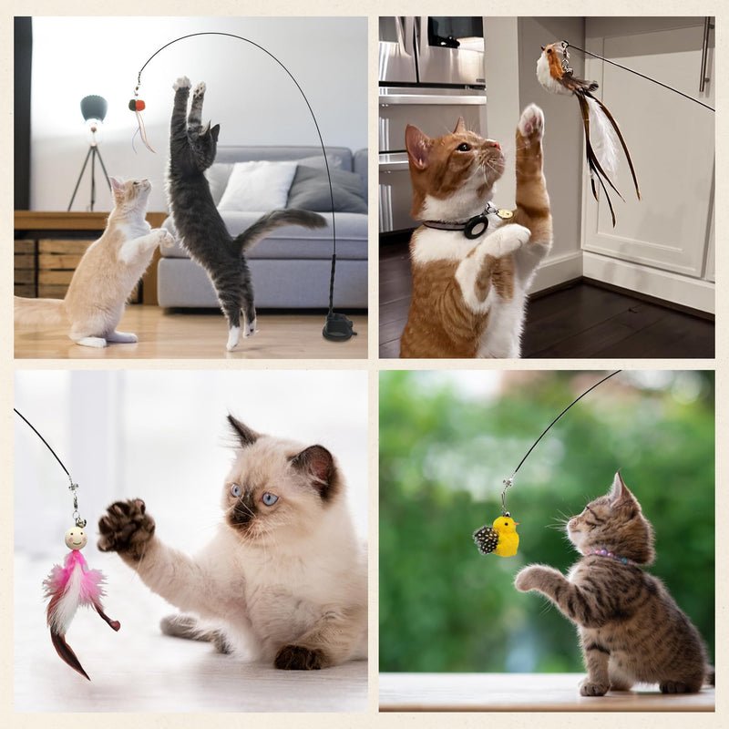Interactive Suction Cup Cat Toy for Indoor Cat, Long Tail Feather Bird, Spring Wire Suctions to Ground, Hands Free Bird Simulation Cat Toy Wand Set that Sticks to Floor, Feathers & Bells LQZ Bird Set - BeesActive Australia
