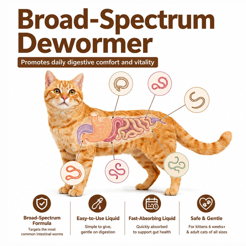 Cat Dewormer Liquid Broad Spectrum Treatment for Tapeworms, Roundworms & Hookworms with Praziquantel & Pyrantel Pamoate, 120ml
