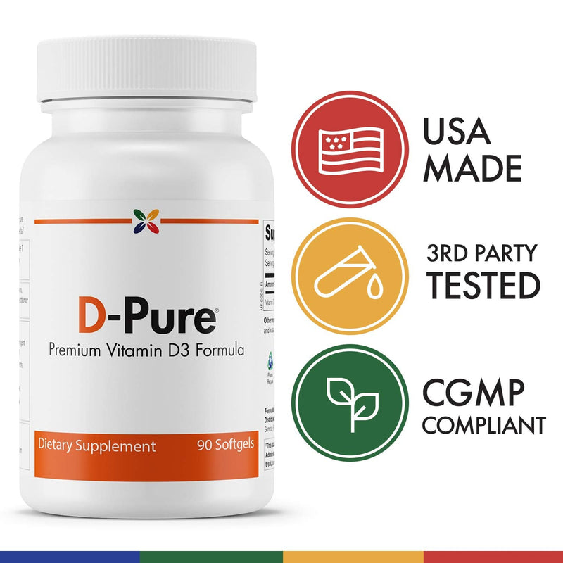 Stop Aging Now - D-Pure Formula 125 MCG - Premium Vitamin D3 5000 IU with Safflower Oil - Muscle, Teeth and Bone Health, Heart Health, and Immune Support - 90 Softgels