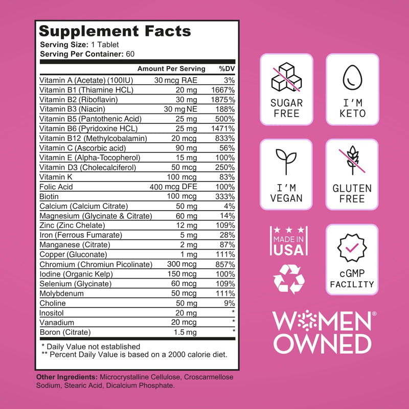 SELF NUTRITION Vegan Multivitamins for Women - Once Daily - 28 Nutrients - Boost Energy, Sleep, Hair, Skin, Nails & Reduce Cravings - Keto, Vegan, Gluten Free, Made in USA, 2-Months Supply Multivitamin