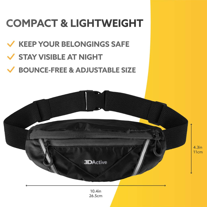 3DActive Running Belt PRO Waist Pack, Water Resistant Runners Belt, Workout Fanny Pack, Ultra-Lightweight, Adjustable, Reflective Running Pouch for Exercise, iPhone, Android & Accessories - Black