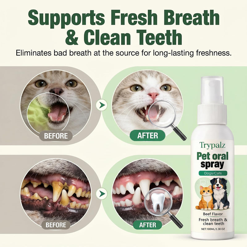Halpilt Pet Oral Tartar Remover Spray, Trypalz Dentaclean Spray for Dogs & Cat, Plaque & Tartar Remover, Supports Fresh Breath & Clean Teeth, Eliminates Bad Breath for Healthy Gums, Beef Flavor (1) 1