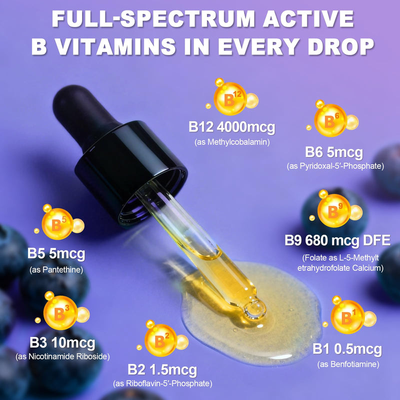Liquid B Complex with 4000mcg Methylcobalamin B12 – Ultra Absorbable Vitamin B Complex for Energy – Active B1 B2 B3 B5 B6 B12 + Folate – Vegan Friendly (2FL OZ) 2 Bottles 4 Fl Oz (Pack of 1)