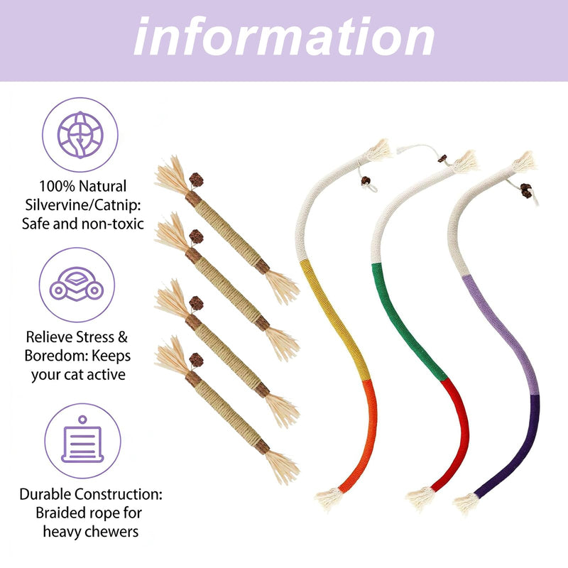 7 Pcs Kitten Teething Toy, 4 Pcs Cats Chew and 3 Pcs Cats Rope,Cat Chew Rope,Natural Silvervine Sticks Kitten Teething Toys for Indoor CatTeeth Cleaning Kitten Teething and Stress Release