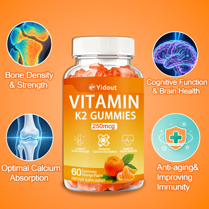 Vitamin K2 Gummies Orange Flavor, Bone & Heart Wellness Support for Adults 60 Count (Pack of 1)