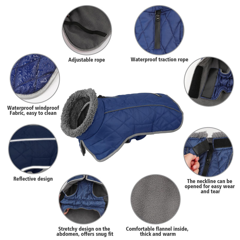 Fragralley Dog Winter Coat Jacket, Windproof Dog Coat, Adjustable Dog Jackets for Dogs, Waterproof Winter Dog, Turtleneck Clothes Doggie Cold Weather Vest Fleece Dog Jacket(Blue,M) Medium Blue - BeesActive Australia