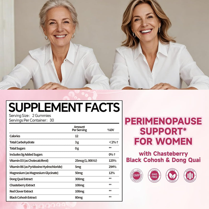 Perimenopause Support Gummies for Women,Support Menopause Relief & Balance | with Black Cohosh Chasteberry Vitamins D3 B6 for Hot Flashes Night Sweats & Mood