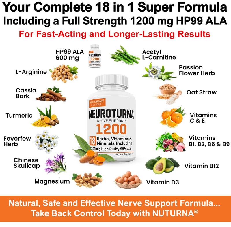 Neuropathy Support Supplement with 1200 mg HP-99 Alpha Lipoic Acid - Max Strength ALA Nerve Formula for Feet Hands Fingers Legs - Ultra Potent 18 in 1 Natural Nerve Vitamins - 180 Capsules White-cloud