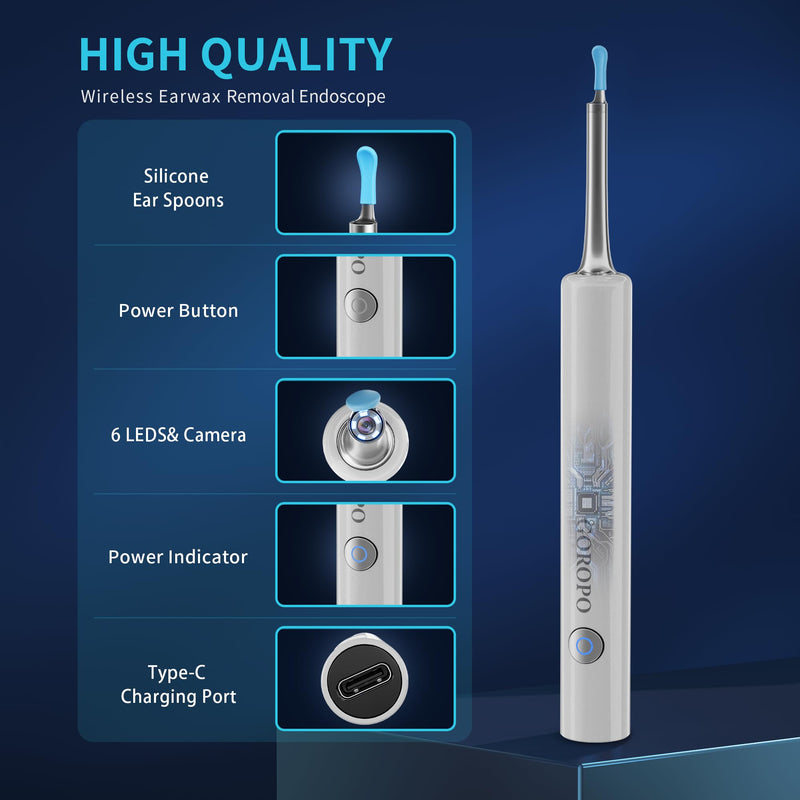 Ear Wax Removal, Ear Cleaner with HD Ear Camera, Wireless Ear Otoscope Earwax Remover Kit with 4 Ear Pick & 6 LED Lights, Ear Cleaning Tool for iOS & Android, White - BeesActive Australia