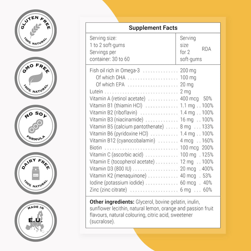 Supersmart Sugar-Free Kids Multivitamin Gummies - Assorted Fruit Flavors for Ages 3+ Toddlers & Kids - with Omega 3 (EPA/DHA), Vitamin D3, C, B, E, K2, Lutein & Zinc | Optimal Doses | 60 Gummies