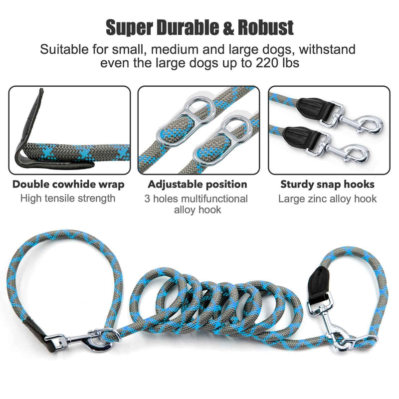 Hands Free Dog Leash(8.5ft), 8 in 1 Multifunction Nylon Double Leash for Dogs,1.2cm Dog Training Leash with Reflective Stitching, Adjustable Waist Dog Leash Fits All Waist for Medium Large Dogs-Blue Blue - BeesActive Australia
