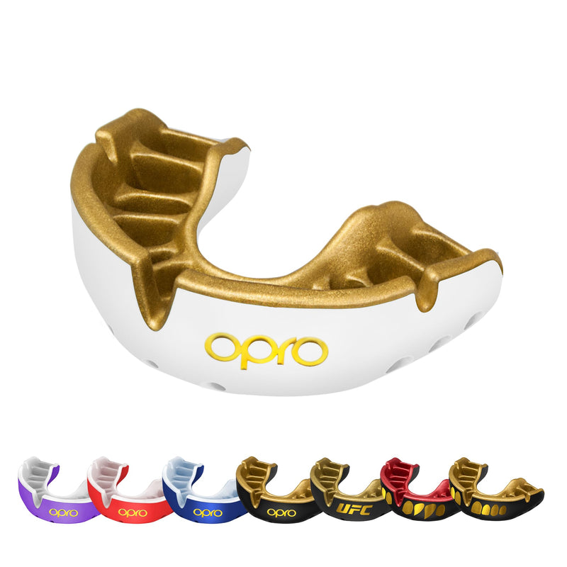 OPRO Gold Level Mouth Guard - Moldable Mouthguard with Premium Comfort Fit, and Multi-Layer Protection for Boxing, MMA, Rugby, Hockey, and Football Mouthpiece – Includes Case (White/Gold, Adult) White/Gold Adult (Age 10+)