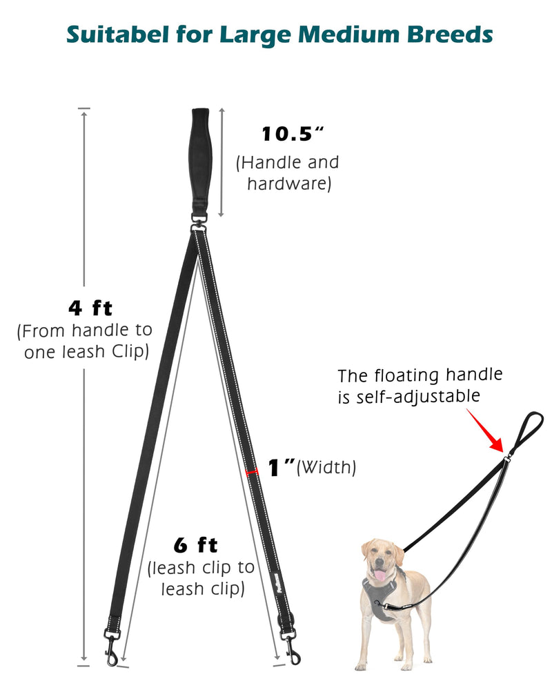 PetBonus Two Point Control Dog Leash, Works with No Pull Harnesses, No Tangle Dog Training Leashes, No Pull Padded and Reflective Walking Lead, Converts to Single Leash for Medium Large Dogs Black - BeesActive Australia