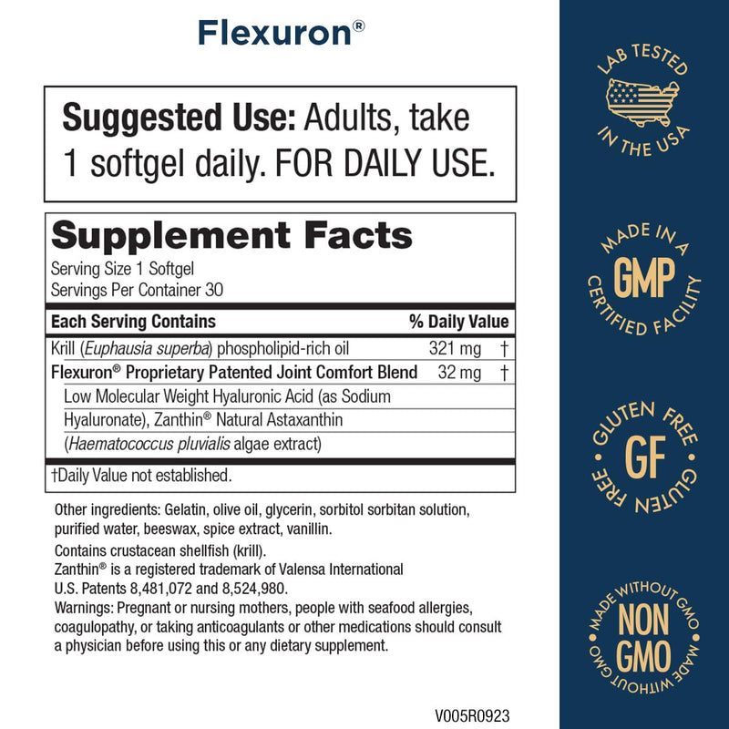 Purity Products Flexuron Joint Formula 3X Better Than Glucosamine and Chondroitin - Starts Working in just 7 Days - Krill Oil, Low Molecular Weight Hyaluronic Acid, Astaxanthin - 30 Count (1) 30 Count (Pack of 1) - BeesActive Australia