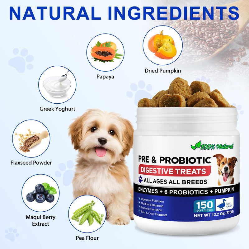 Probiotics for Dogs, 150Pcs Probiotics for Dogs Gut Health, Pre and Probiotic for Dog Digestive Health Support, Gut Health & Immunity, Duck Flavor