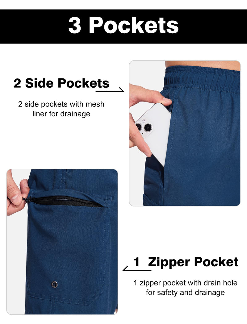 SILKWORLD Mens Swim Trunks Quick Dry Bathing Suit 9 Inch Swim Shorts with Mesh Lining and Zipper Cargo Pockets Navy Blue X-Large