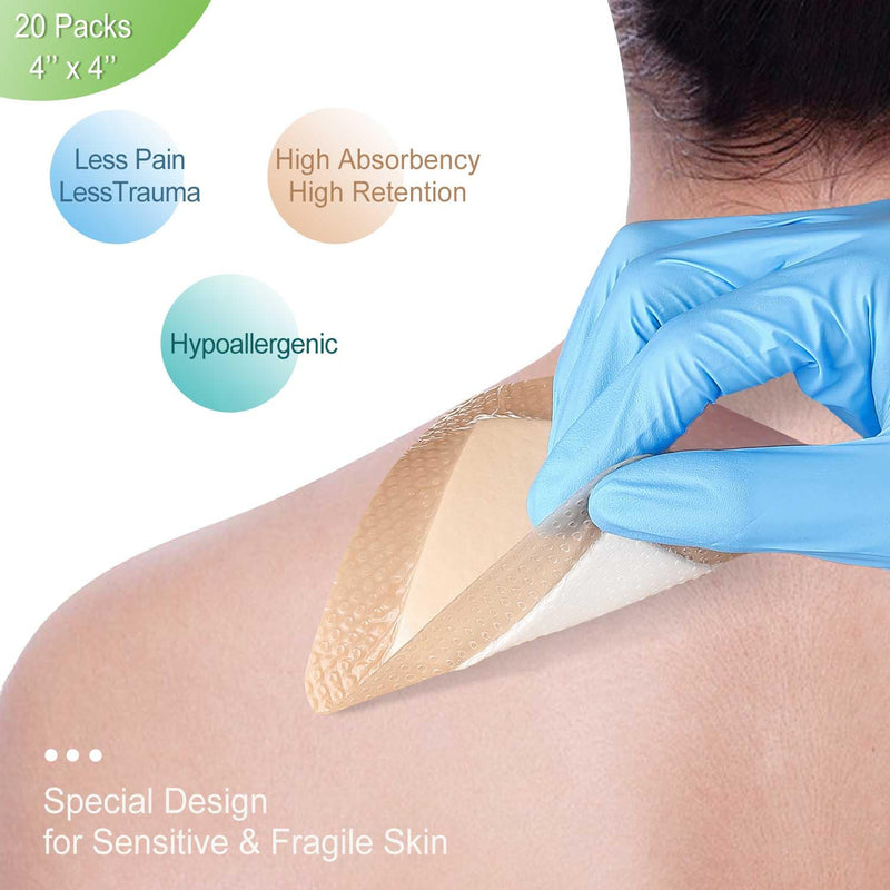 NeuHeils Silicone Super Absorbent Wound Dressing 4''x4'' 20 Packs, Self-Adhesive Waterproof Bandage with Ultrasorb Pad for Heavy Exudates Wound, Soft Gauze Island Dressing 4''x4'' (20 Packs) - BeesActive Australia