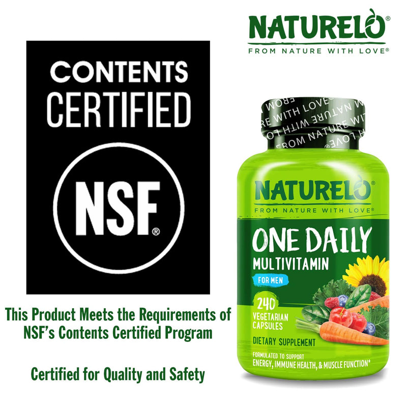 NATURELO Multivitamin for Men - One Daily, 240 Vegetarian Capsules | Vitamins, minerals & organic whole foods, non-GMO Unflavored 240 Count (Pack of 1)
