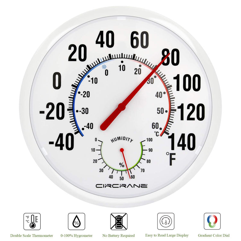 Circrane 13.25 Inch Round Thermometer with Hygrometer, Large Indoor Wall Patio Bimetal Weather Thermometer, No Battery Required, White - BeesActive Australia