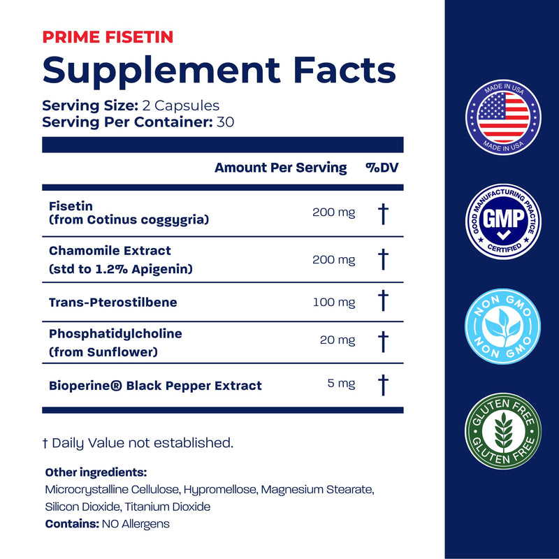 BONE SCIENCE Prime Fisetin 98% Flavonoid Complex, BioPerine, 60 Capsules | With chamomile extract, trans-pterostilbene and phosphatidylcholine in a comprehensive plant-based flavonoid support formula