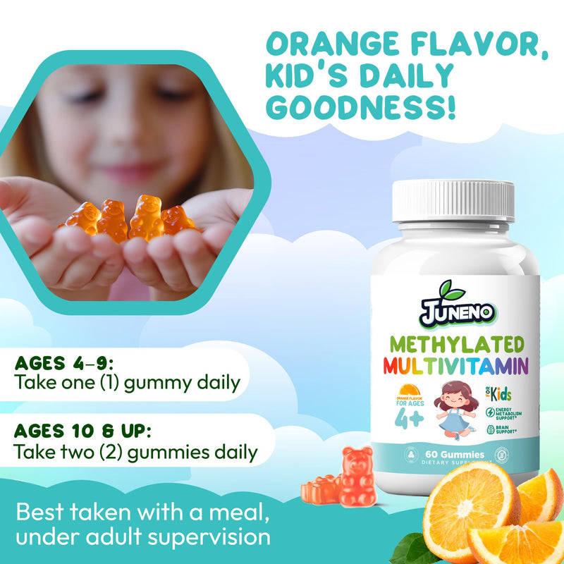 Methylated Multivitamin Gummies for Kids- Vegan Gluten Sugar Free | MTHFR Support Supplement with B Complex 5-MTHF Folate (L-Methylfolate) B1 B3 B6 Methylcobalamin B12 Biotin Vitamins A C D3 E