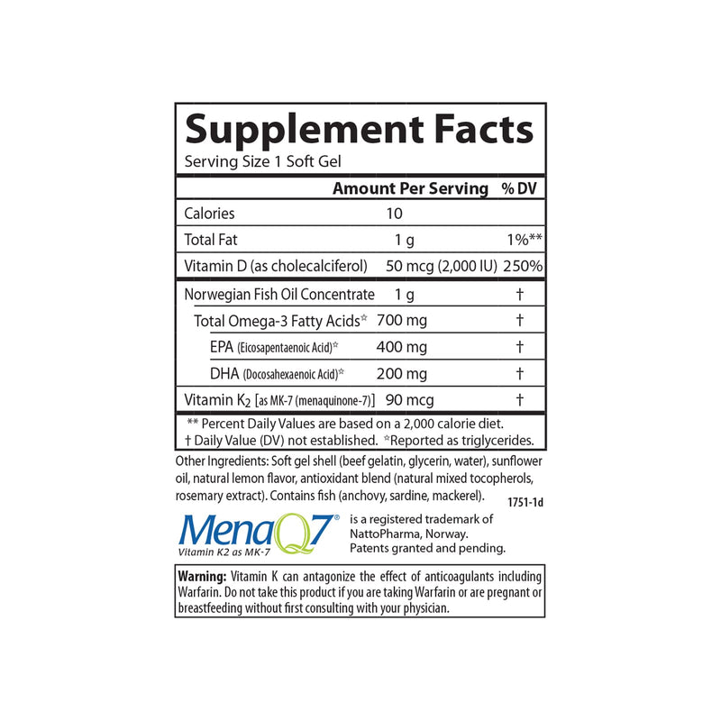 Carlson Elite Omega-3 Plus D & K, 700 mg, Omega-3s, Lemon, 60 Softgels | plus Vitamin D3 and K2 as MK-7 60 Count (Pack of 1)