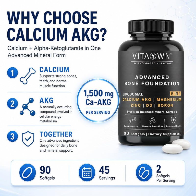 Liposomal Calcium AKG Supplement with Magnesium Glycinate, Vitamin D3, Zinc & Boron – Daily Bone and Mineral Support – 1,500 mg Ca-AKG per Serving – 90 Softgels