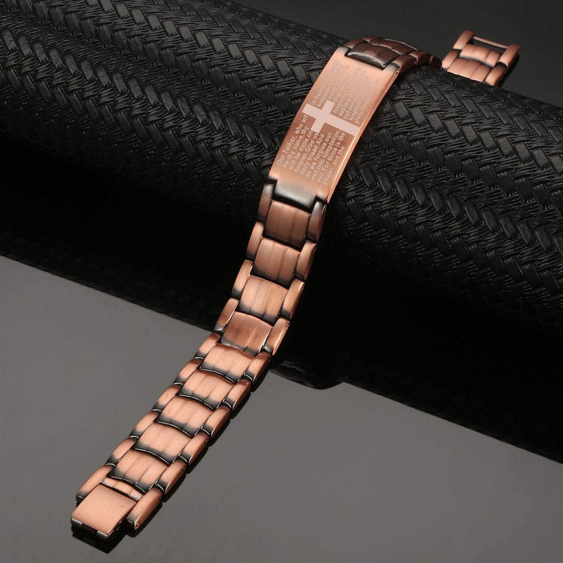 MagEnergy Copper Bracelet for Men, Cross Copper Magnetic Bracelet with Ultra Strength Magnets, Adjustable Link Jewelry Box Gift (Sizing Tool) Copper-Matthew 6:9-13